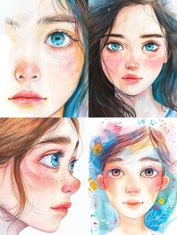 Ethereal Gazes in Digital Watercolor