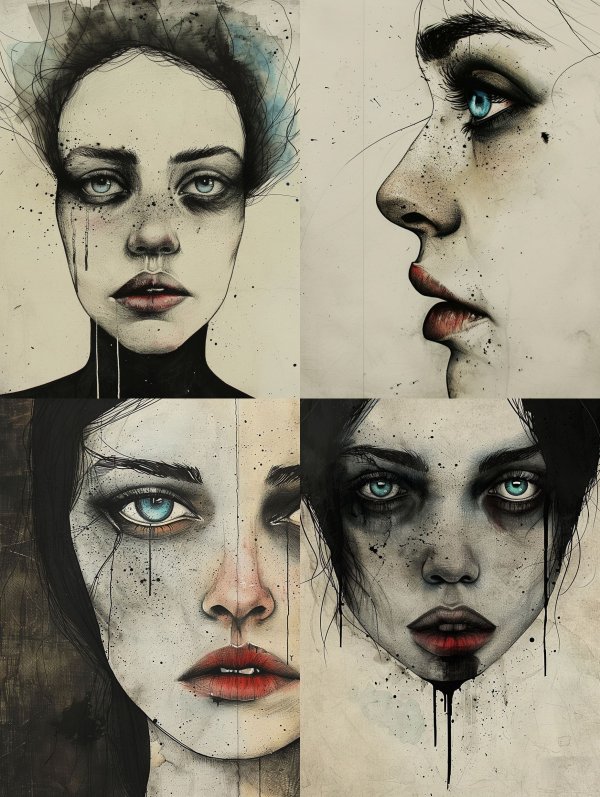 Melancholic Ink and Watercolor Portrait