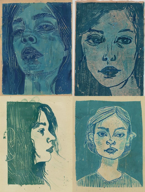 Moody Blue Linocut Portraits
