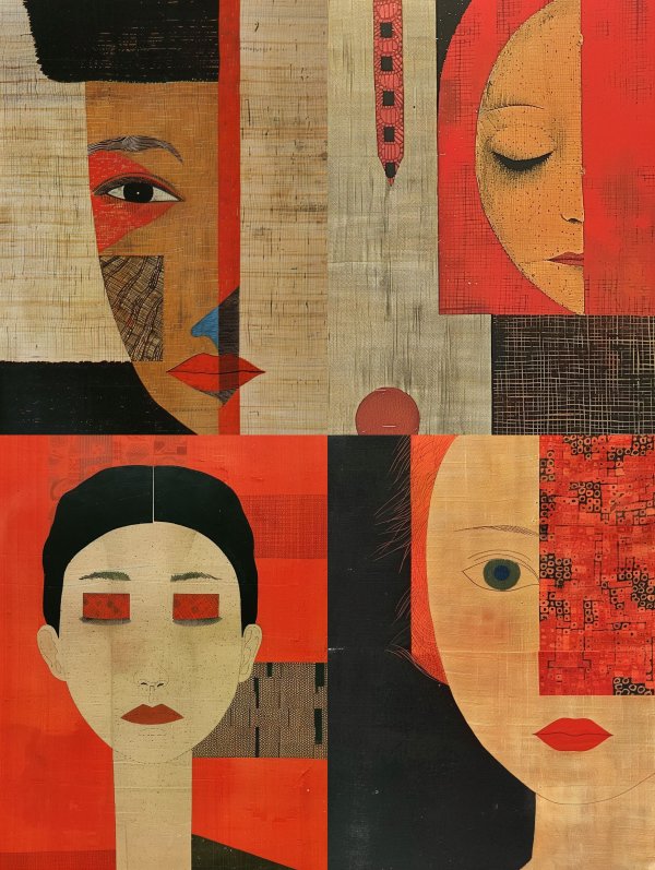 Fragmented Faces in Crimson and Gold