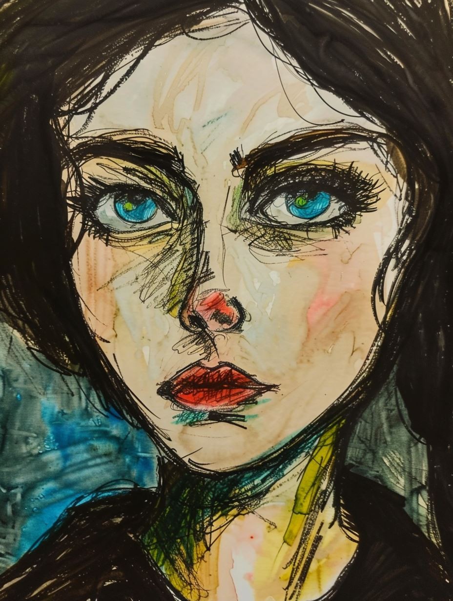 Melancholy Gaze in Ink Watercolor - Image 1