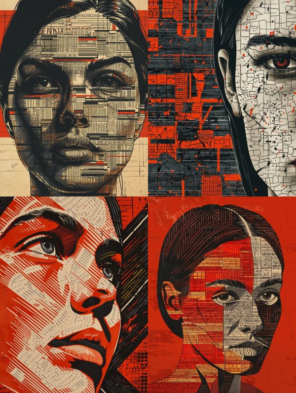 Fragmented Portraits in Crimson Hue