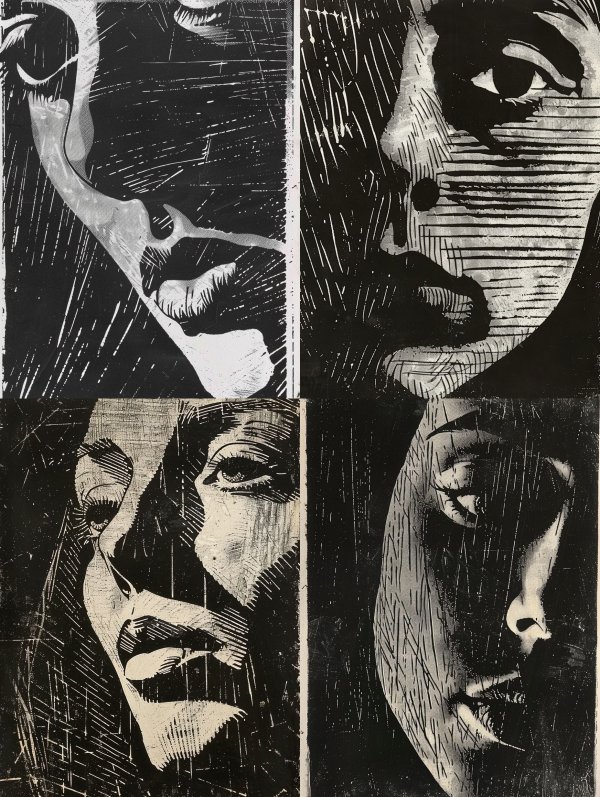 Fragmented Gazes in Monochrome Linocut