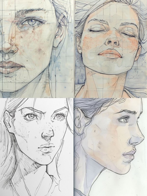 Ethereal female portrait studies in watercolor and ink
