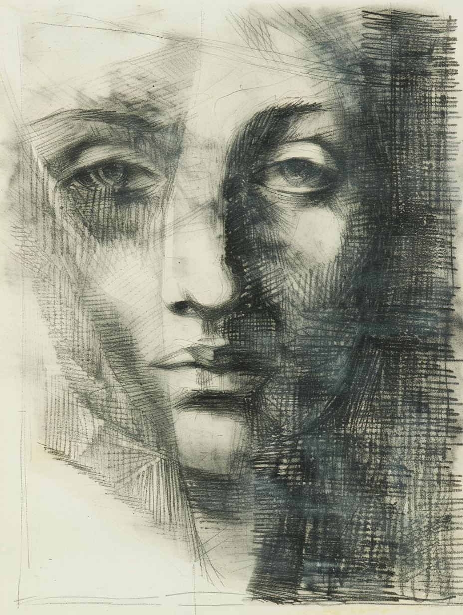 Shadowed Gaze in Charcoal Hatching - Image 2