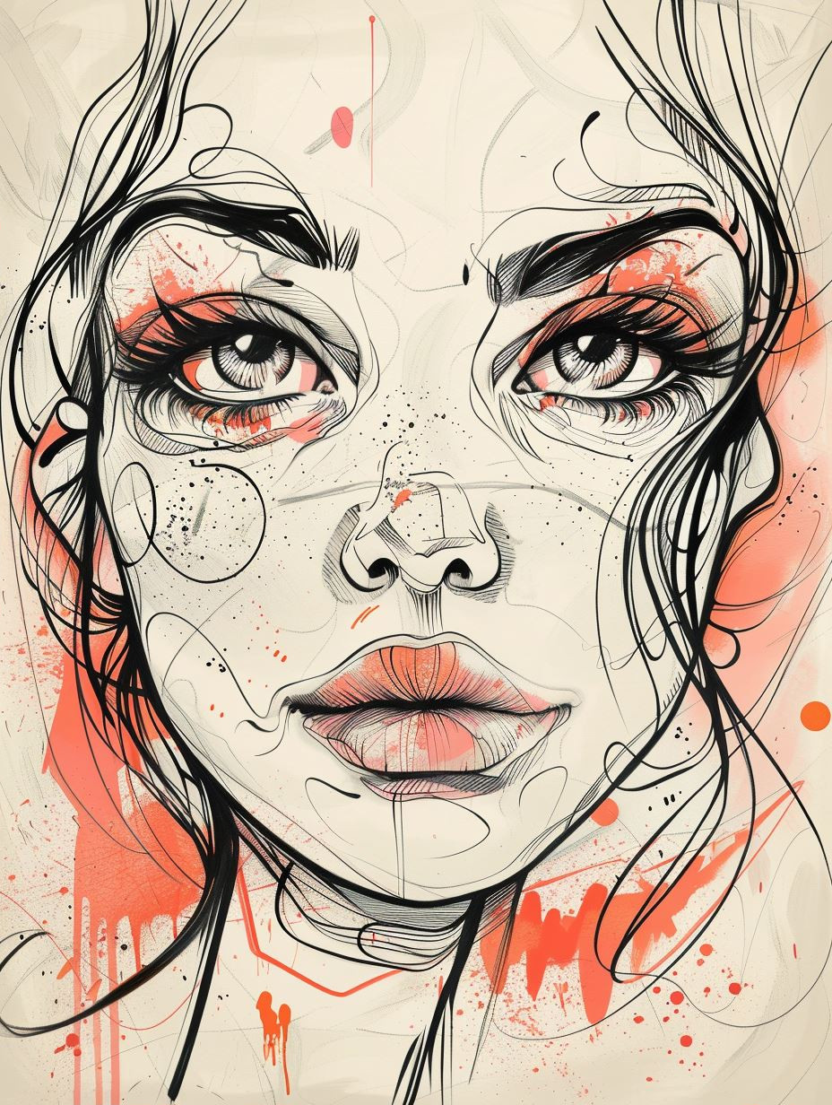 Whimsical Ink and Crimson Portraits - Image 2