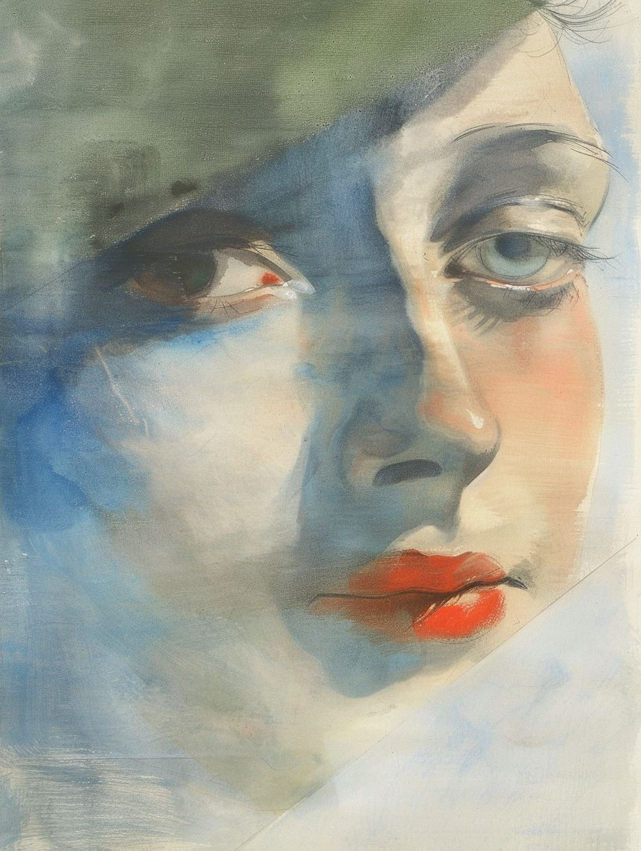 Four Gazes in Blue Watercolor - Image 2