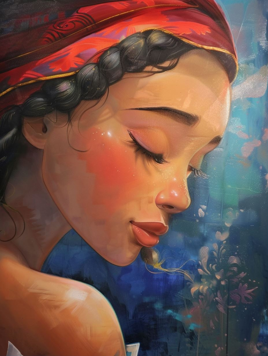 Serene Gaze in Crimson Silk - Image 1