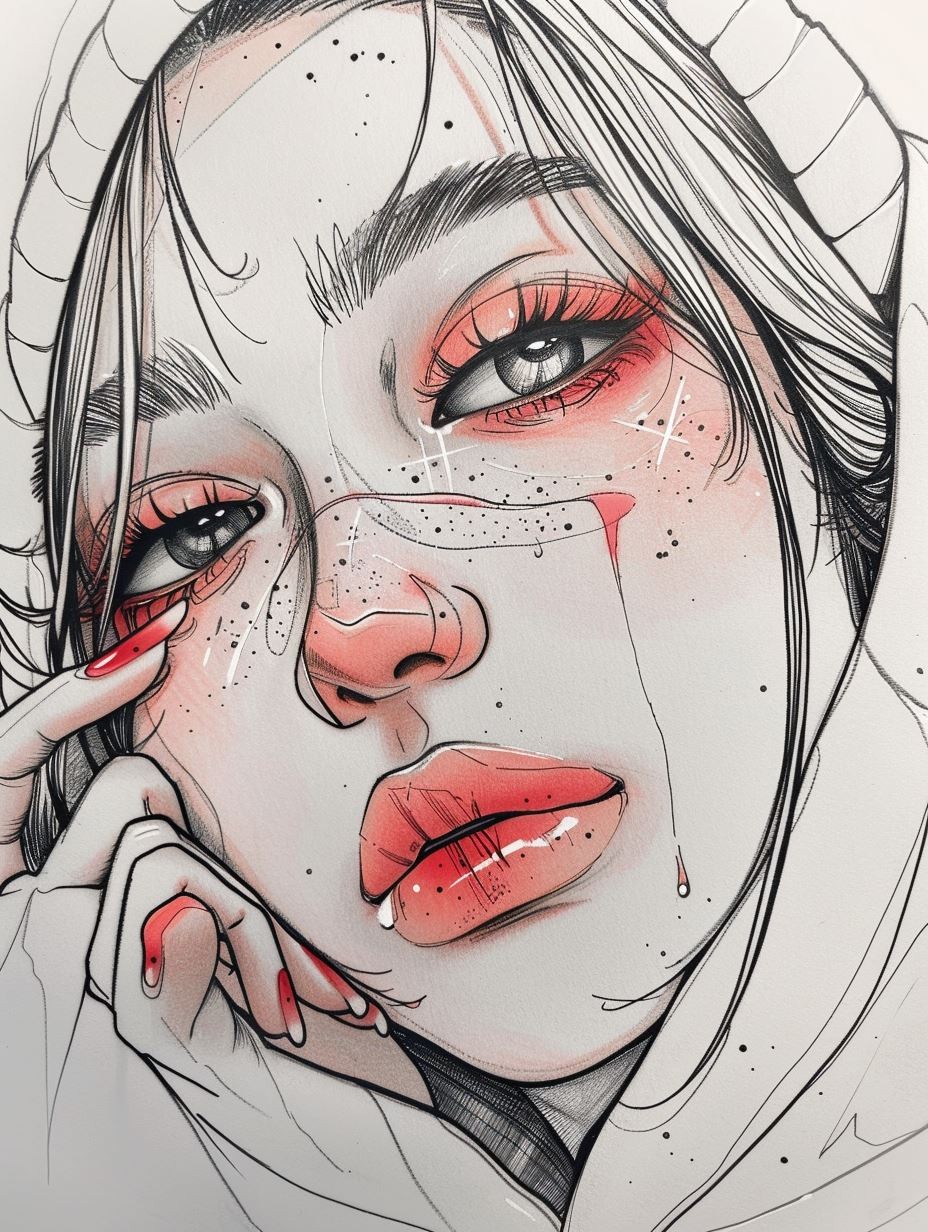 Melancholic Crimson Ink Portrait - Image 3