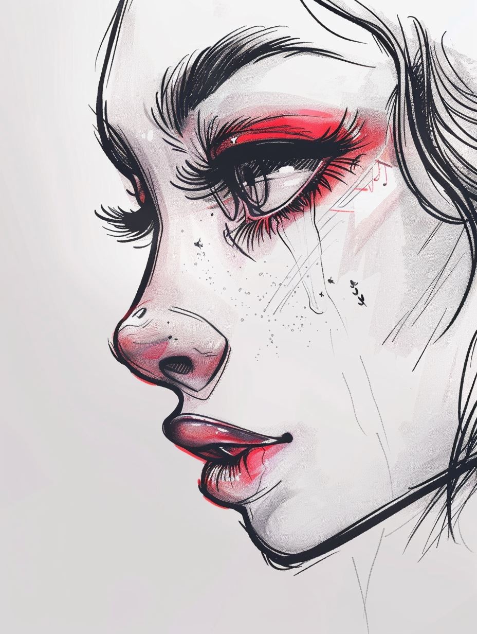 Melancholic Crimson Ink Portrait - Image 1