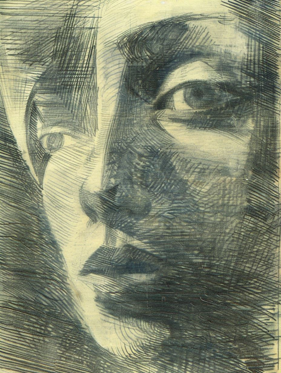 Shadowed Gaze in Charcoal Hatching - Image 1