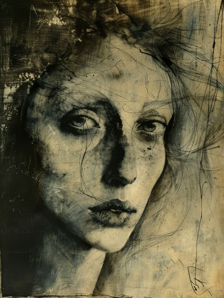 Melancholy Ink and Charcoal Portrait - Image 1