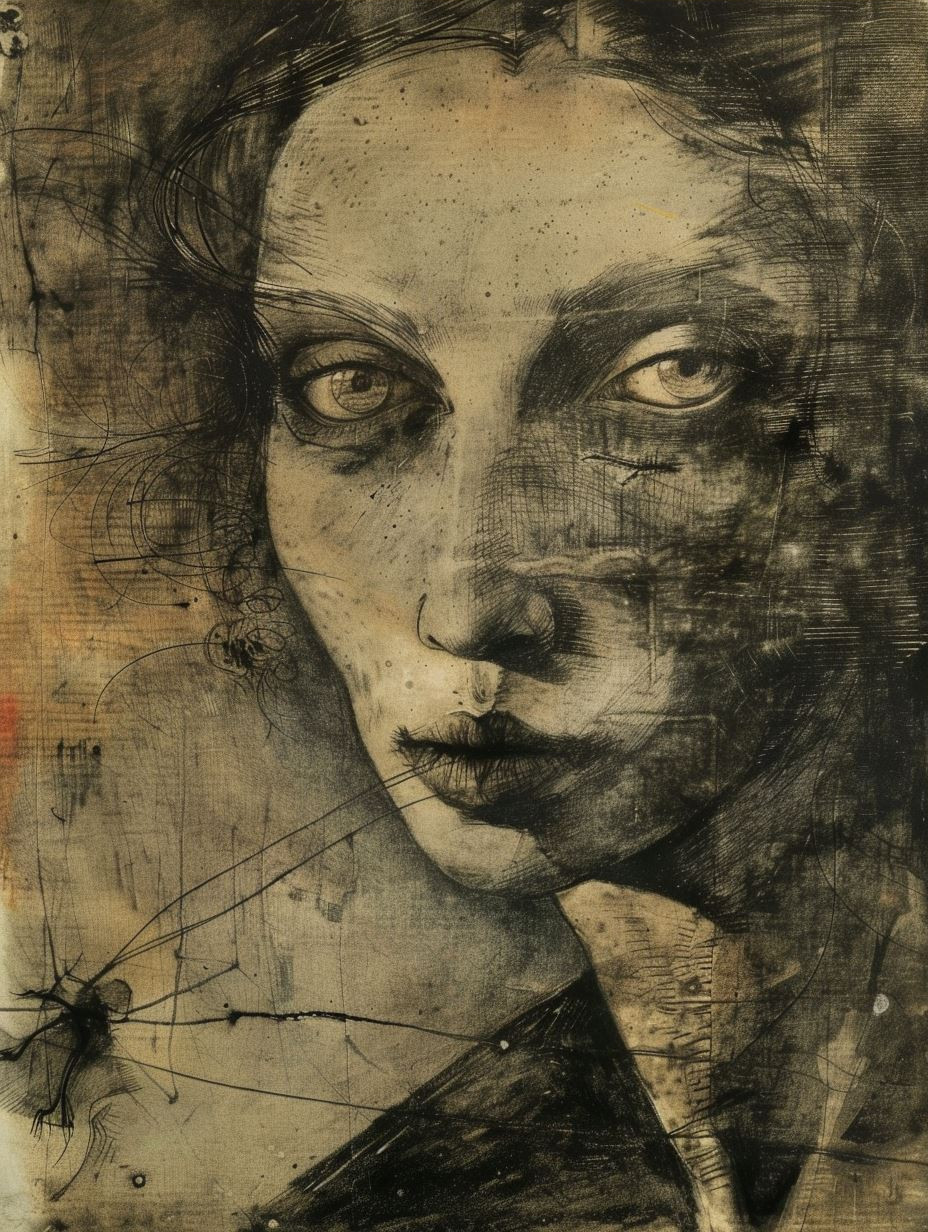 Melancholy Ink and Charcoal Portrait - Image 3