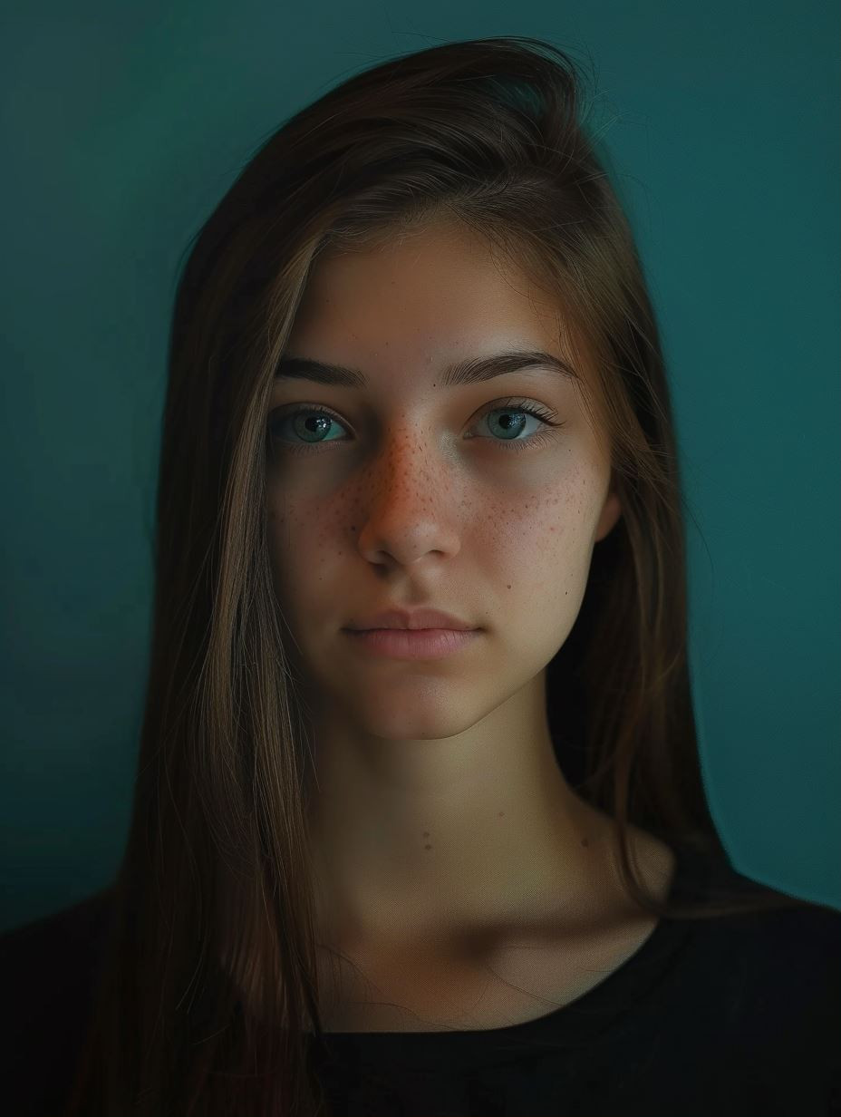 Serene Gaze in Teal Shadows - Image 1