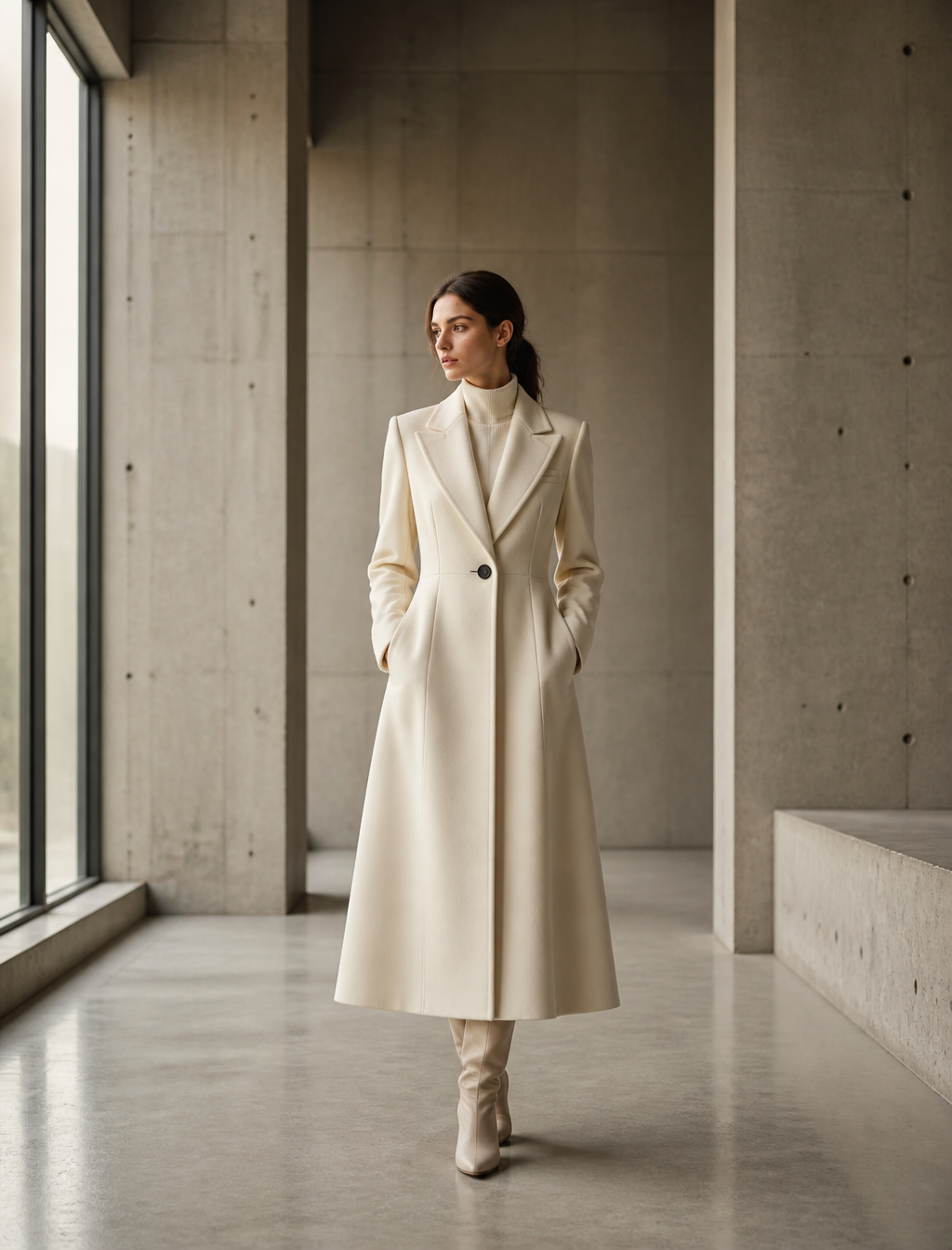 Minimalist Brutalist Fashion Study in Ivory Wool