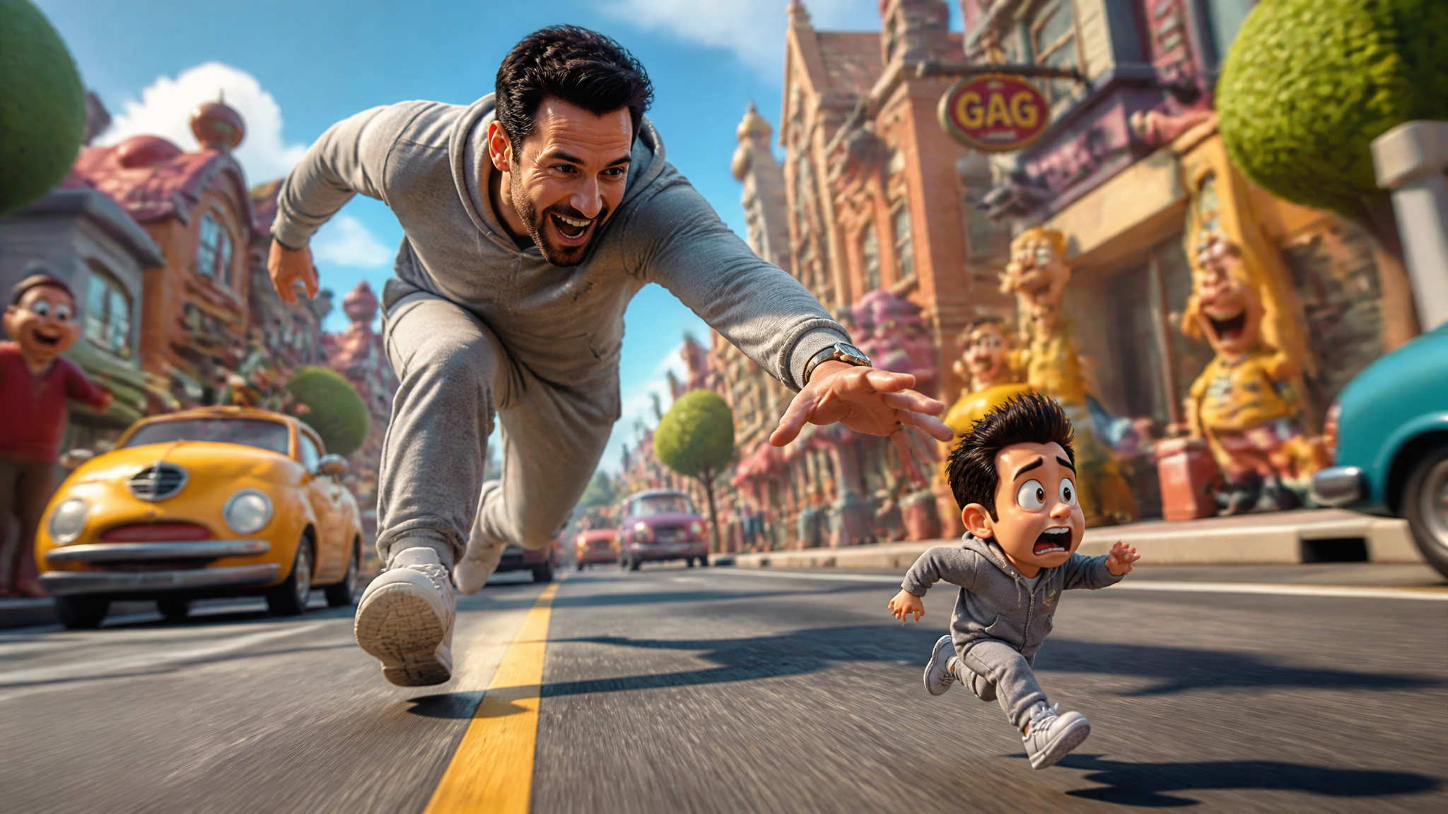 Photorealistic Man Chasing Miniature CGI Self
