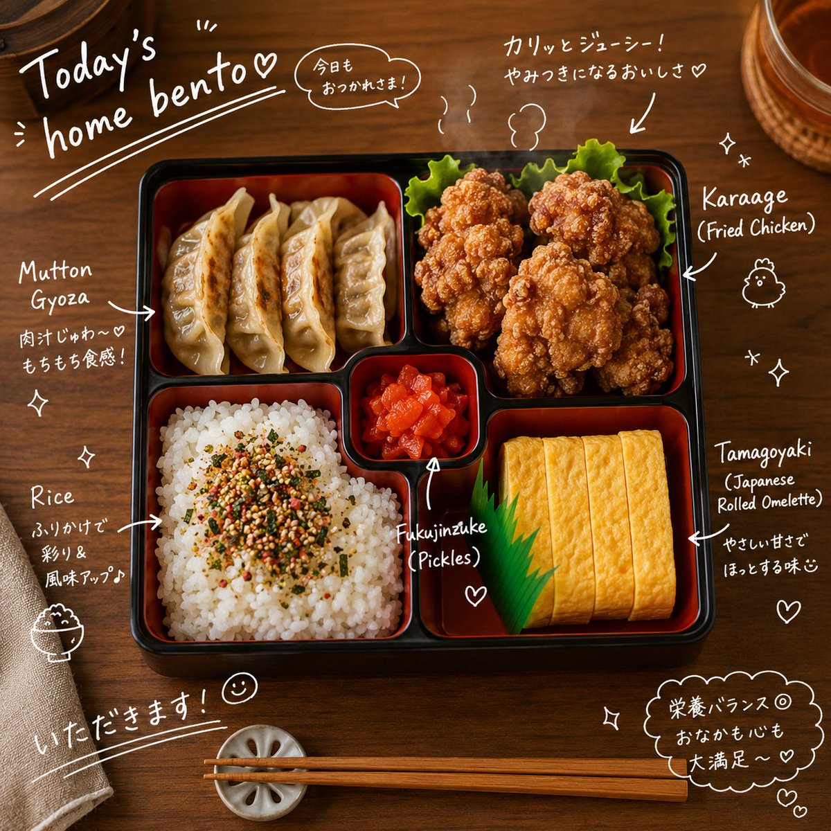 Gourmet Asian Feast with Playful Annotations