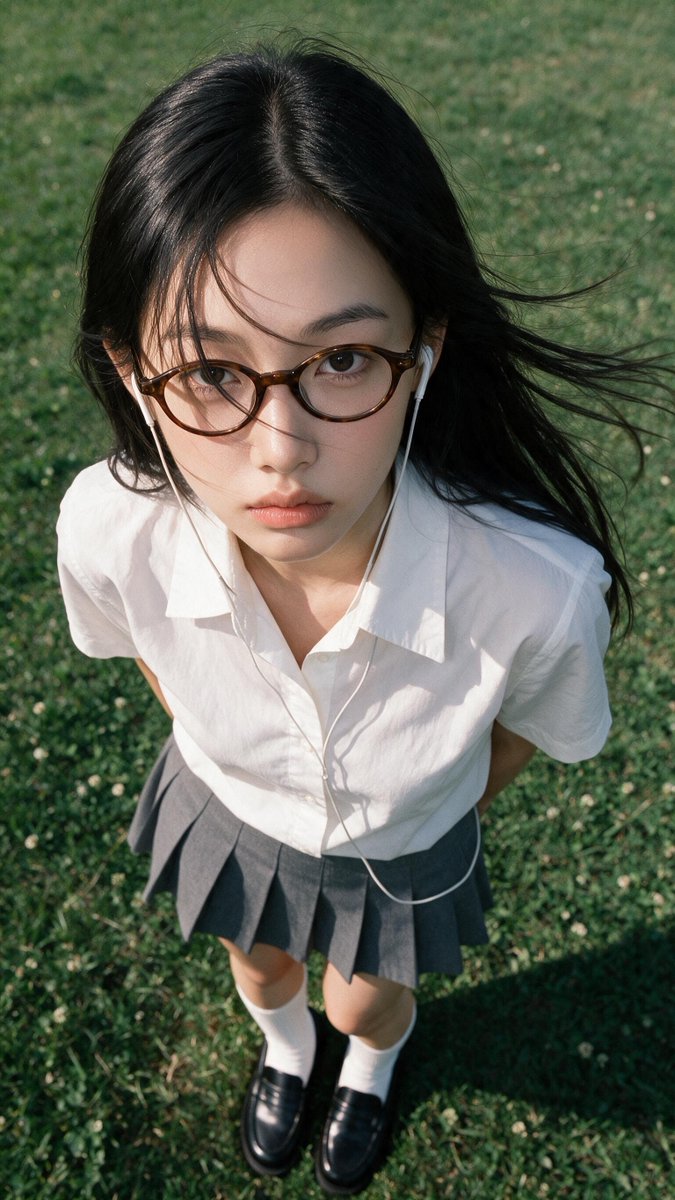 High-Angle Nostalgic Portrait of Woman in School Uniform
