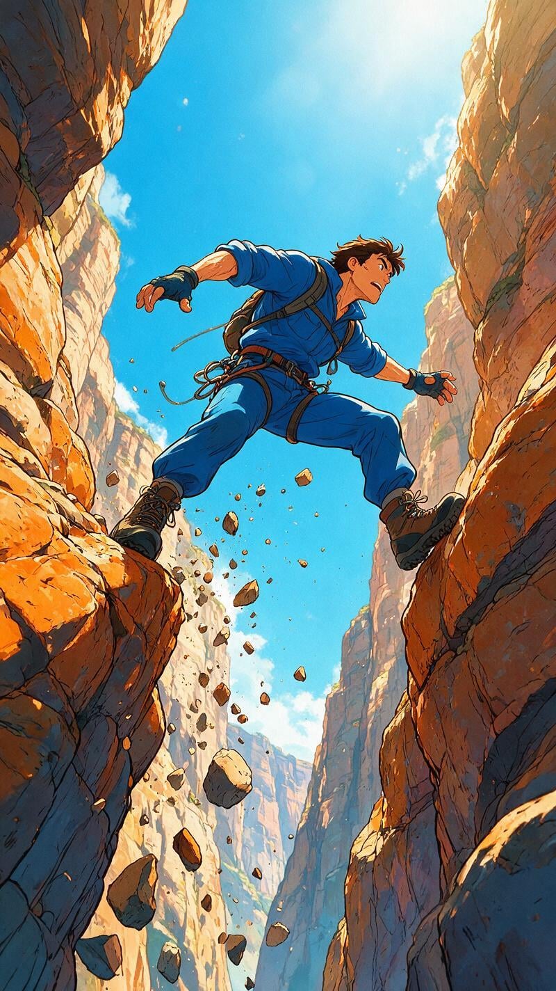 Azure Climber's Leap Between Orange Cliffs