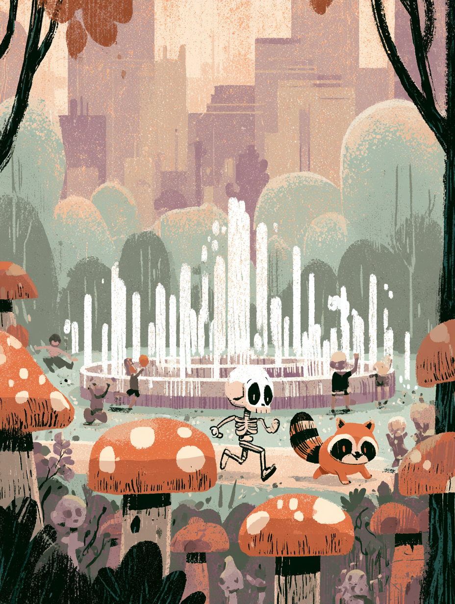 Whimsical Skeleton and Raccoon Jogging in Storybook Park