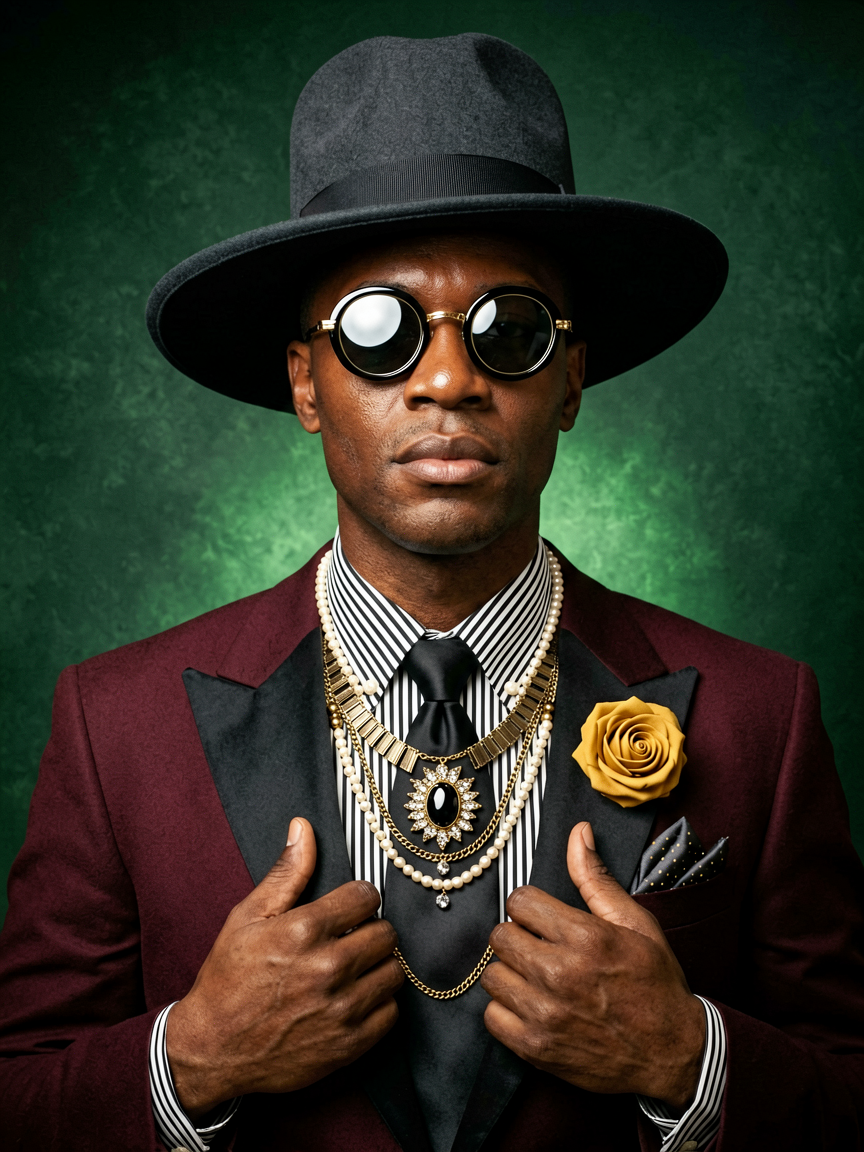 Avant-Garde Regal Portrait of a Black Man in Burgundy Tailoring