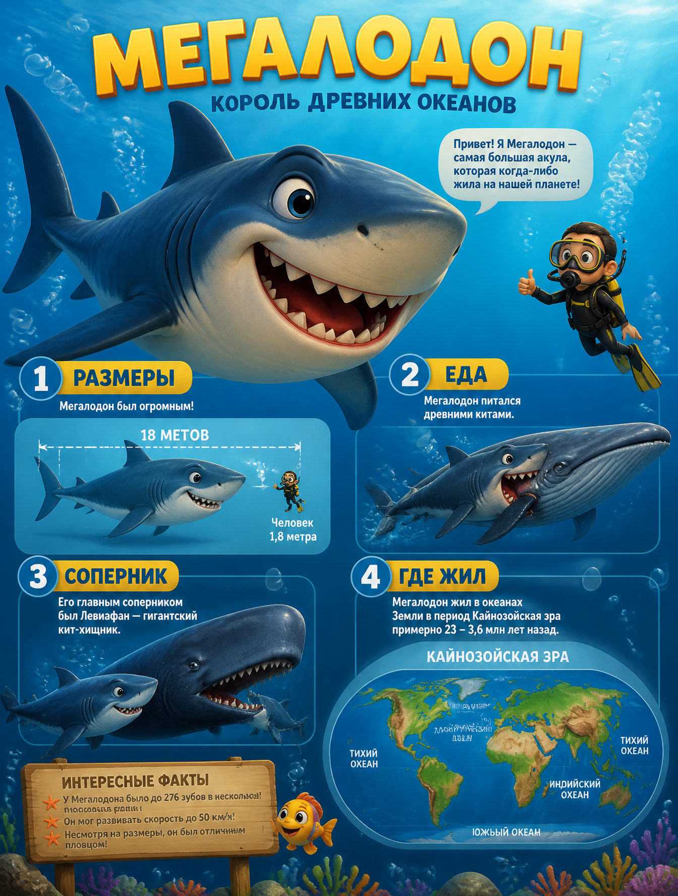 Pixar-Style Megalodon Educational Infographic
