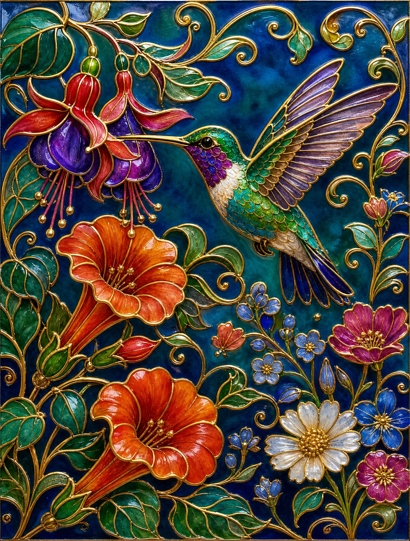 Jeweled Cloisonné Hummingbird Flora
