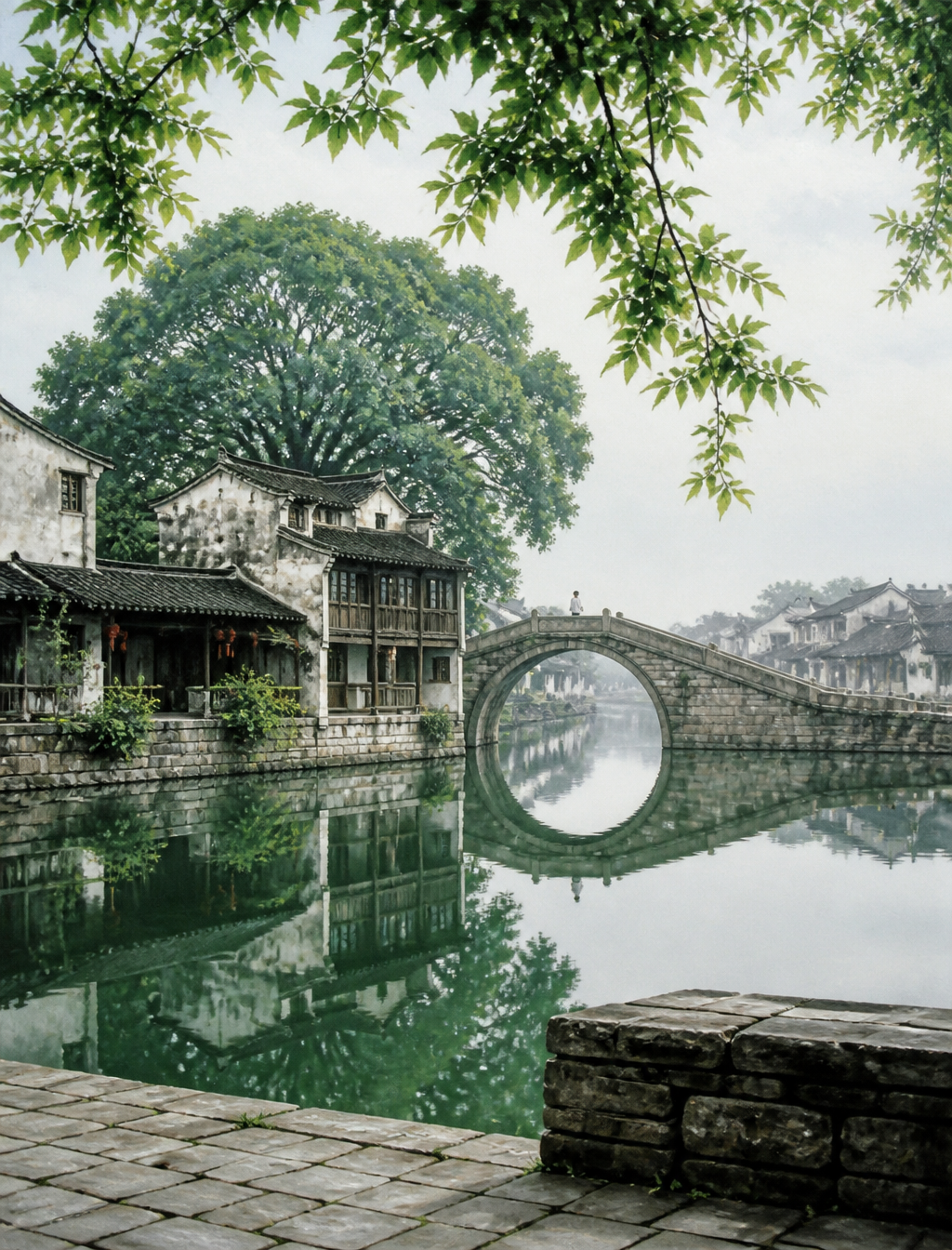 Serene Jiangnan Water Town Oil Painting