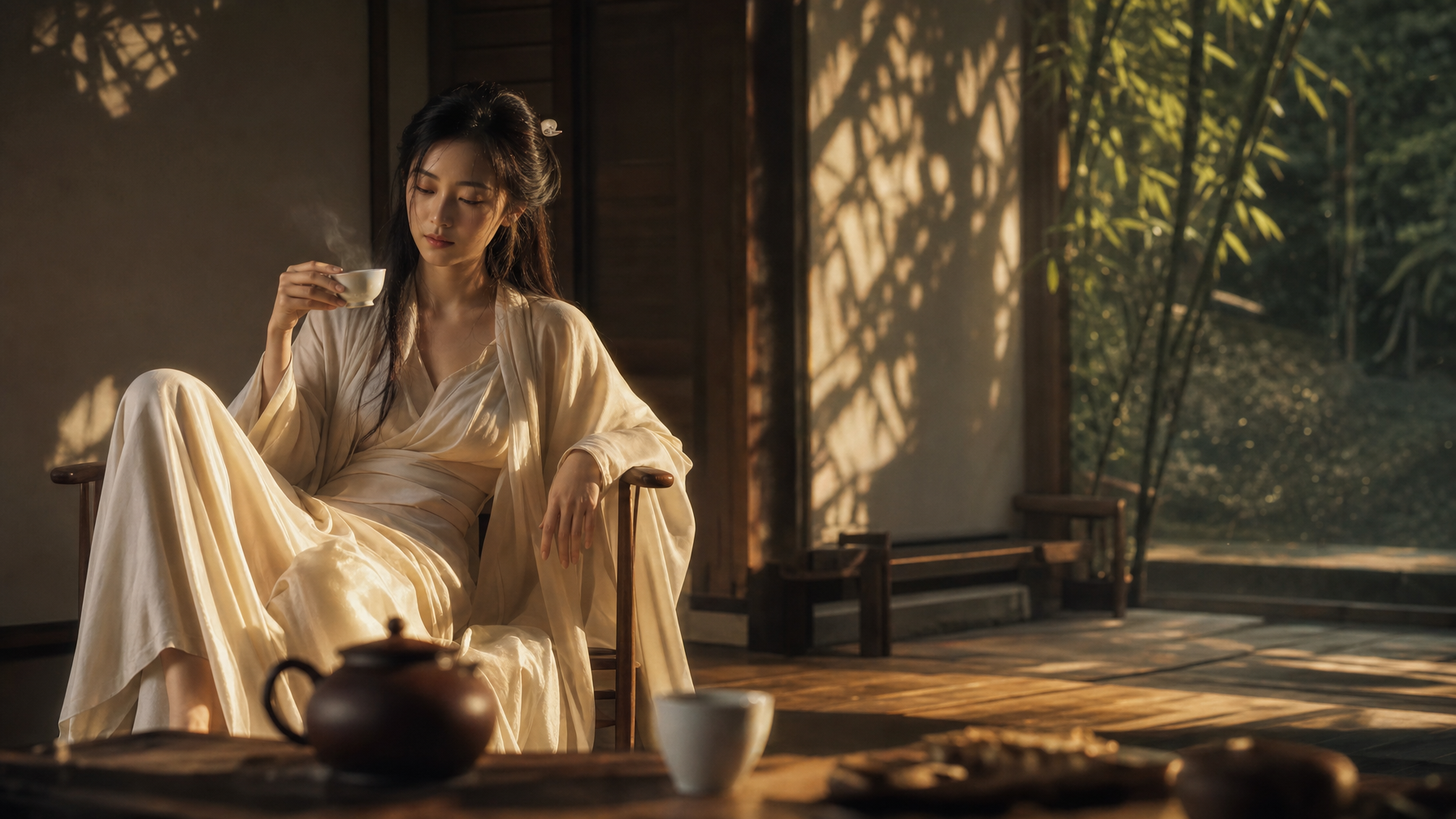 Serene Golden Hour Tea Ritual in Ancient East