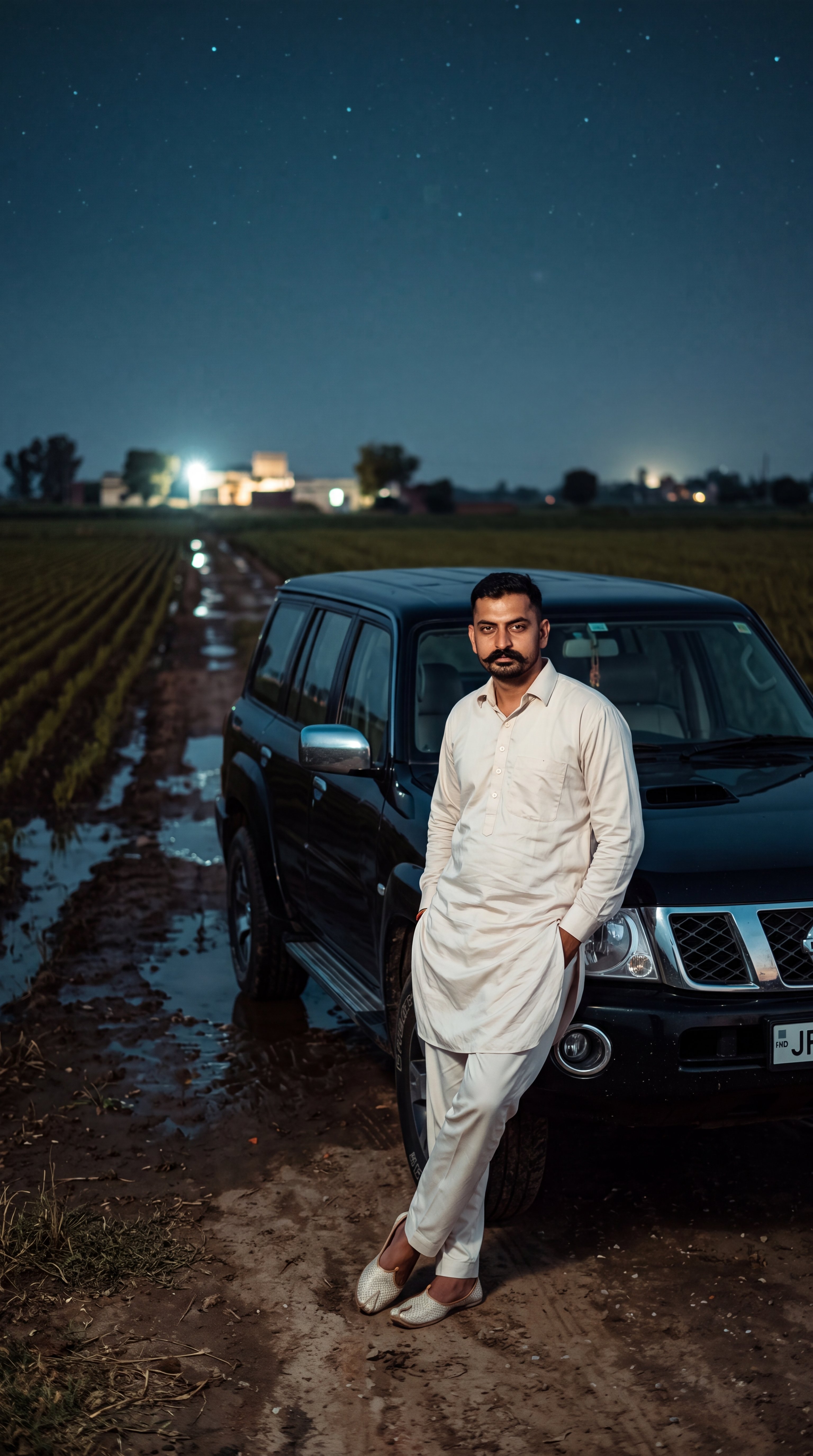 Confident Man with Black Nissan Fastback in Rural Nightscape