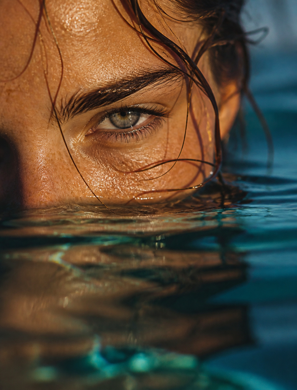 Submerged Cinematic Portrait: Half-Face Sea Gaze