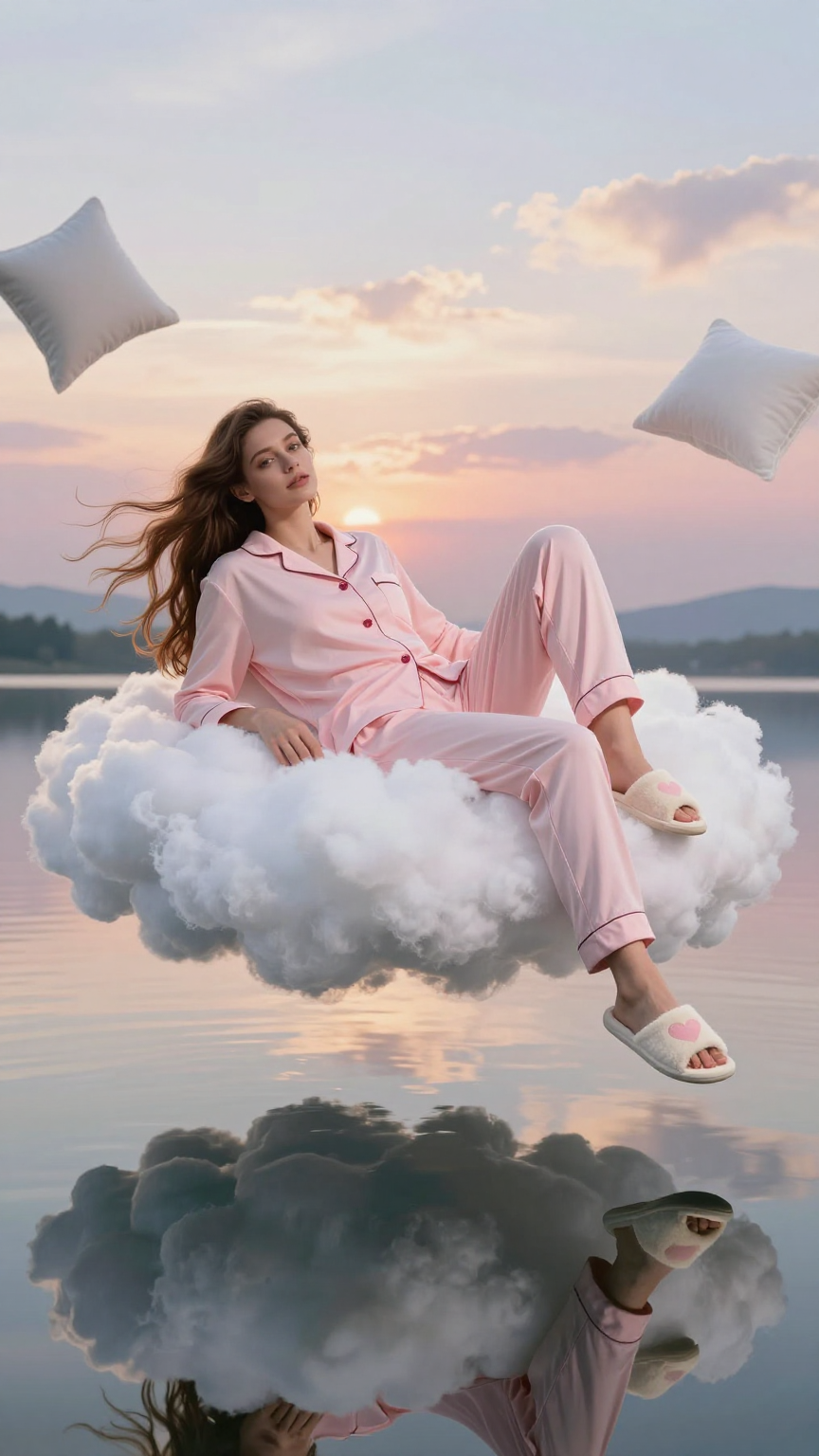 Ethereal Dreamscape: Woman Reclining on Floating Cloud
