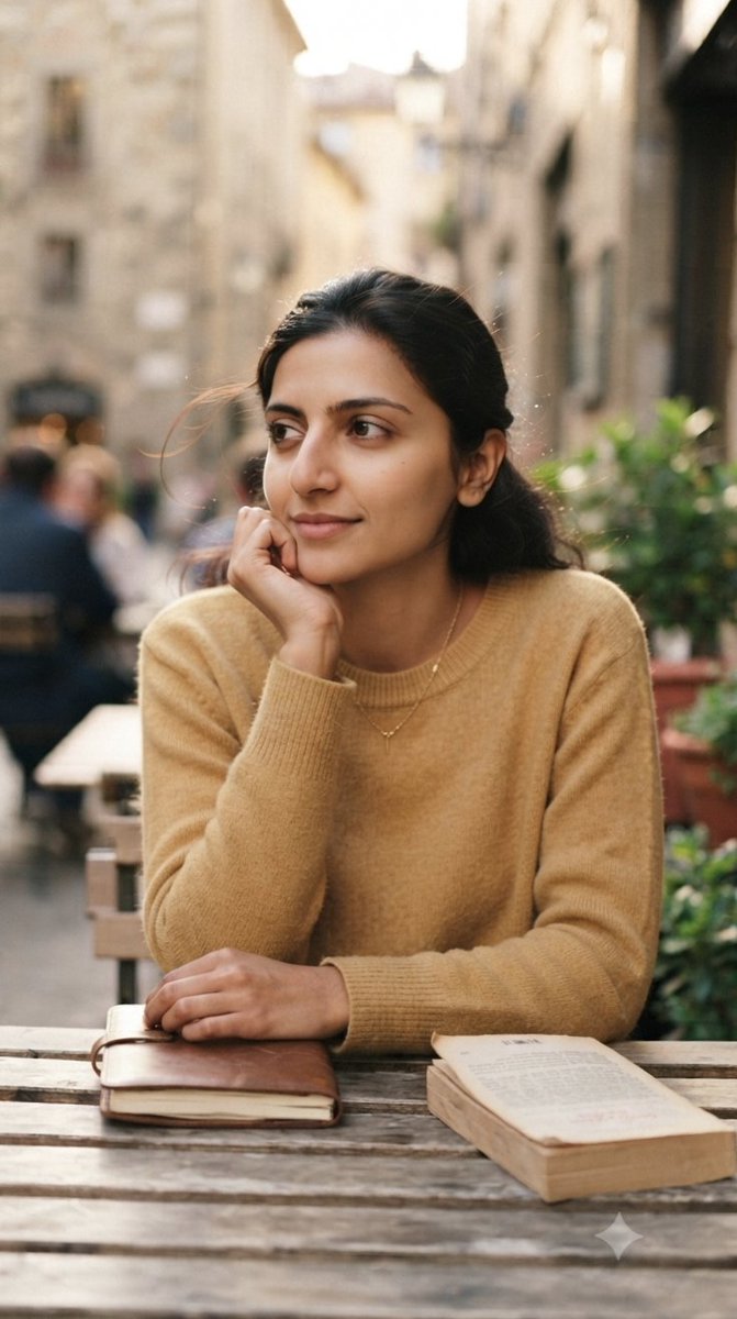 Pensive Woman at European Golden Hour Café