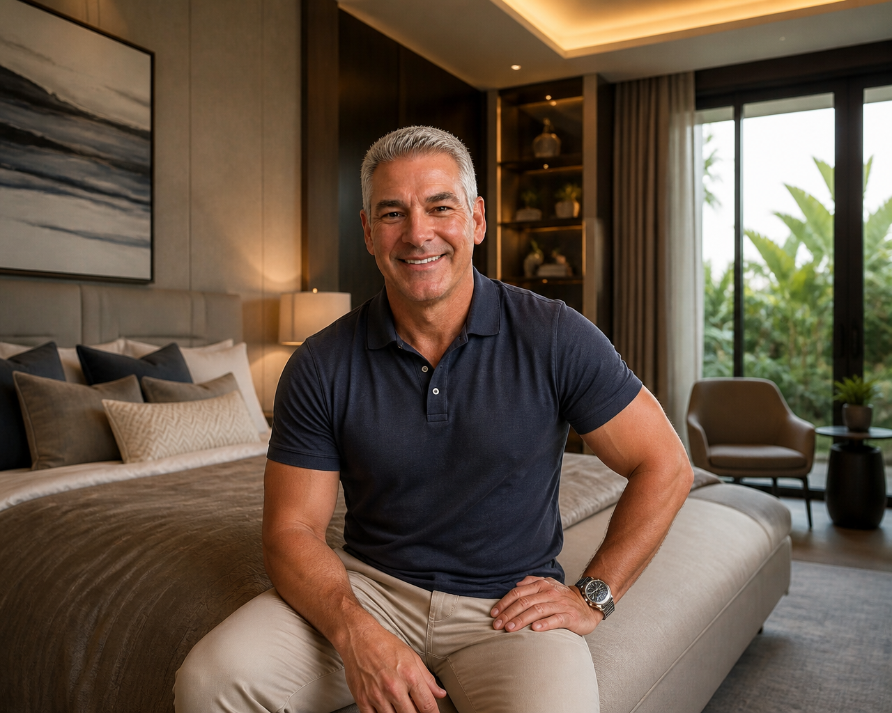 Sophisticated Man in Modern Luxury Bedroom