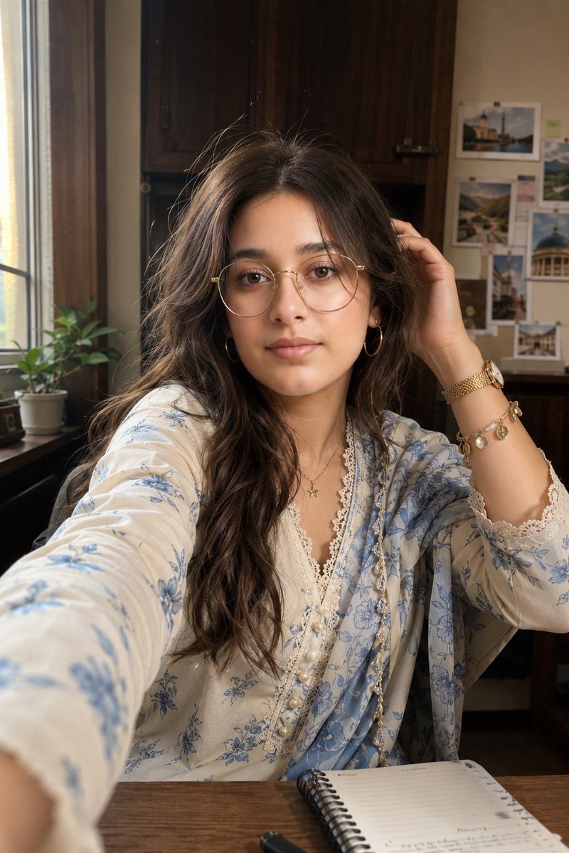 Young Woman in Cream Kurta Home Office Selfie