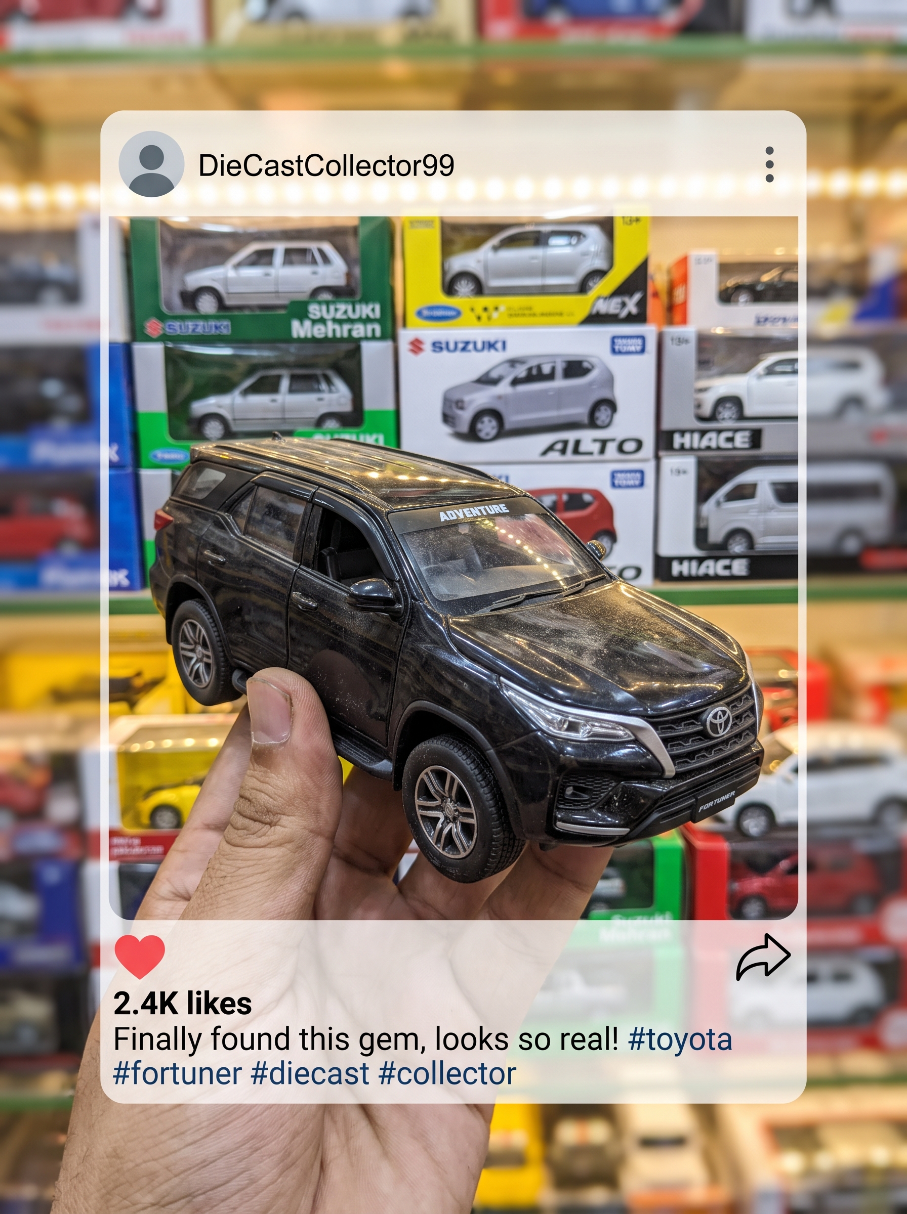Hand-held Miniature Black Toyota Fortuner in Toy Store