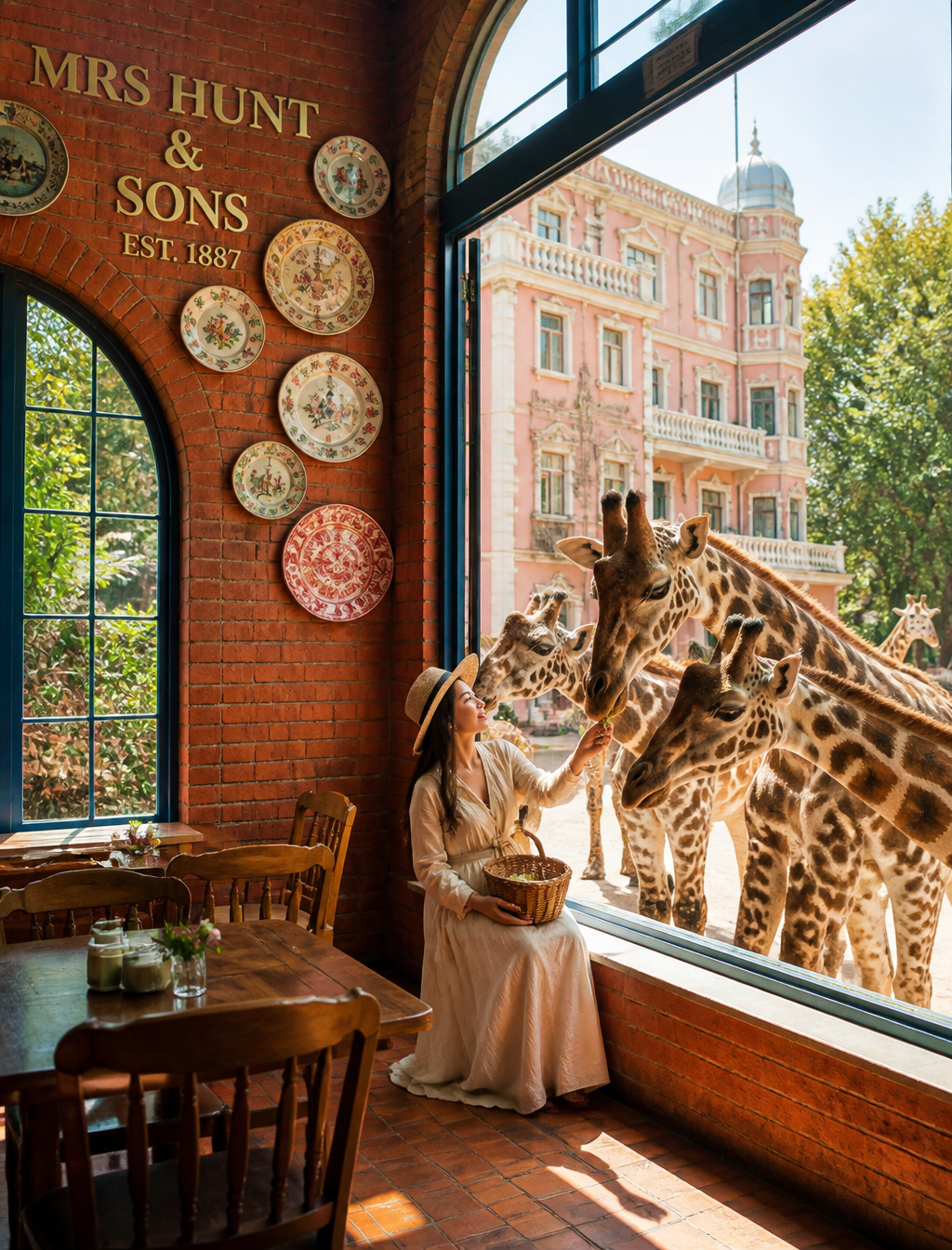 Whimsical Giraffe Feeding at a European Brick Bistro