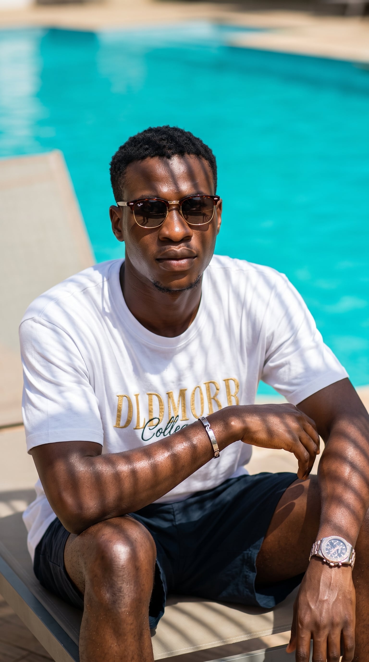 Summer Editorial: Man in White Graphic Tee by the Pool