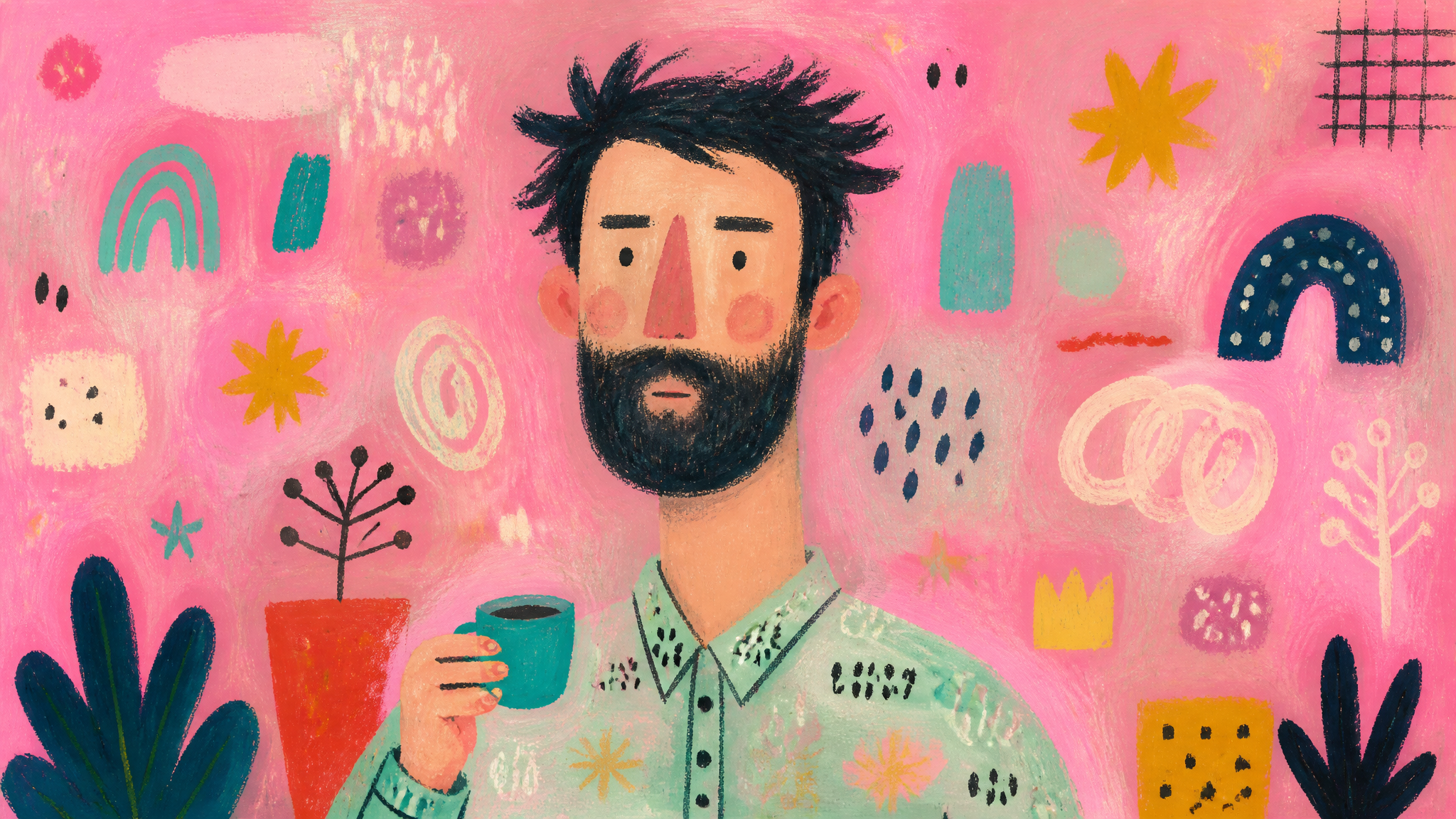 Quirky Folk Art Portrait of a Bearded Man