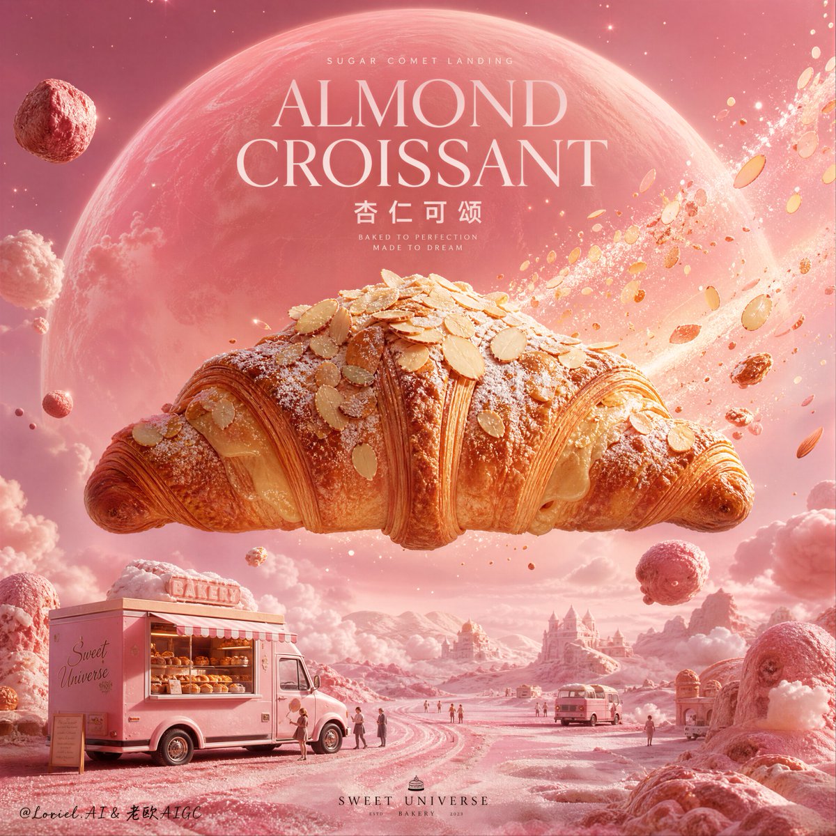 Cosmic Almond Croissant: Pink Nebula Bakery Poster