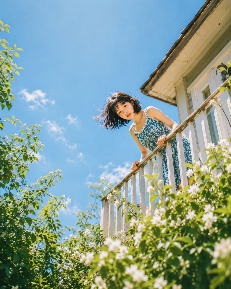 Summer Dream: Woman on Floral Balcony at Golden Hour