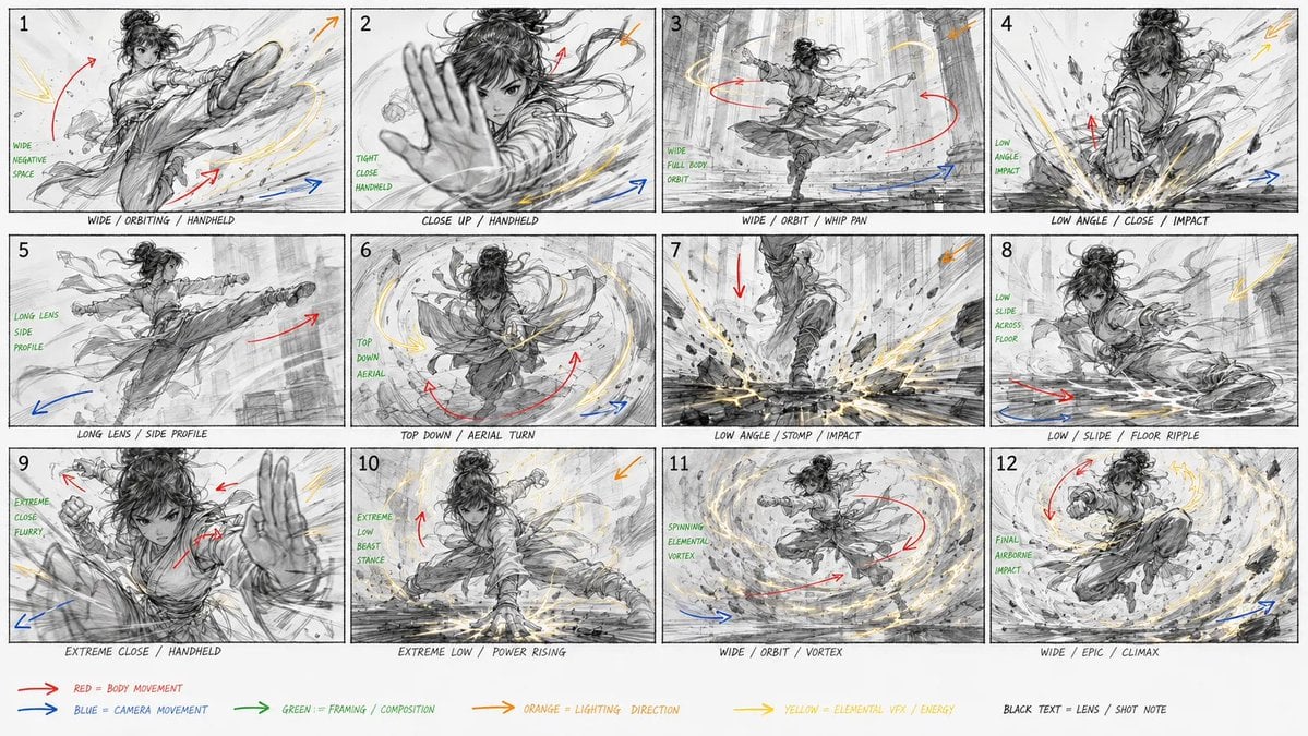 Dynamic Tibetan Kung Fu Action Storyboard Sheet