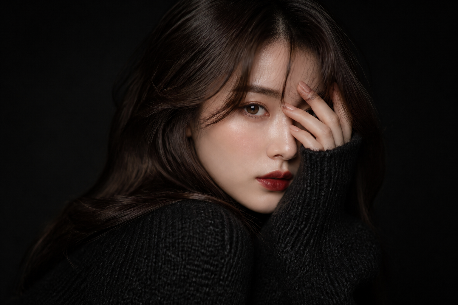 Mysterious Editorial Portrait in Black Knitwear