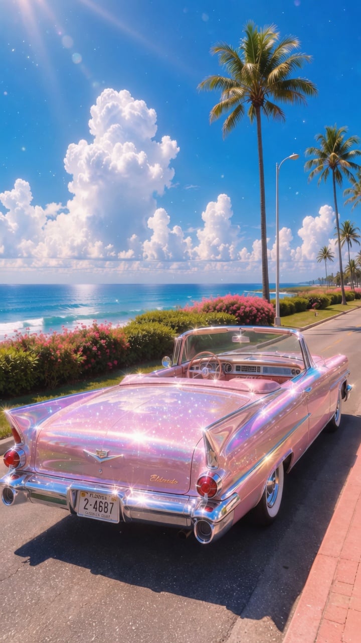 Vintage Pink Convertible in Pastel Tropical Paradise
