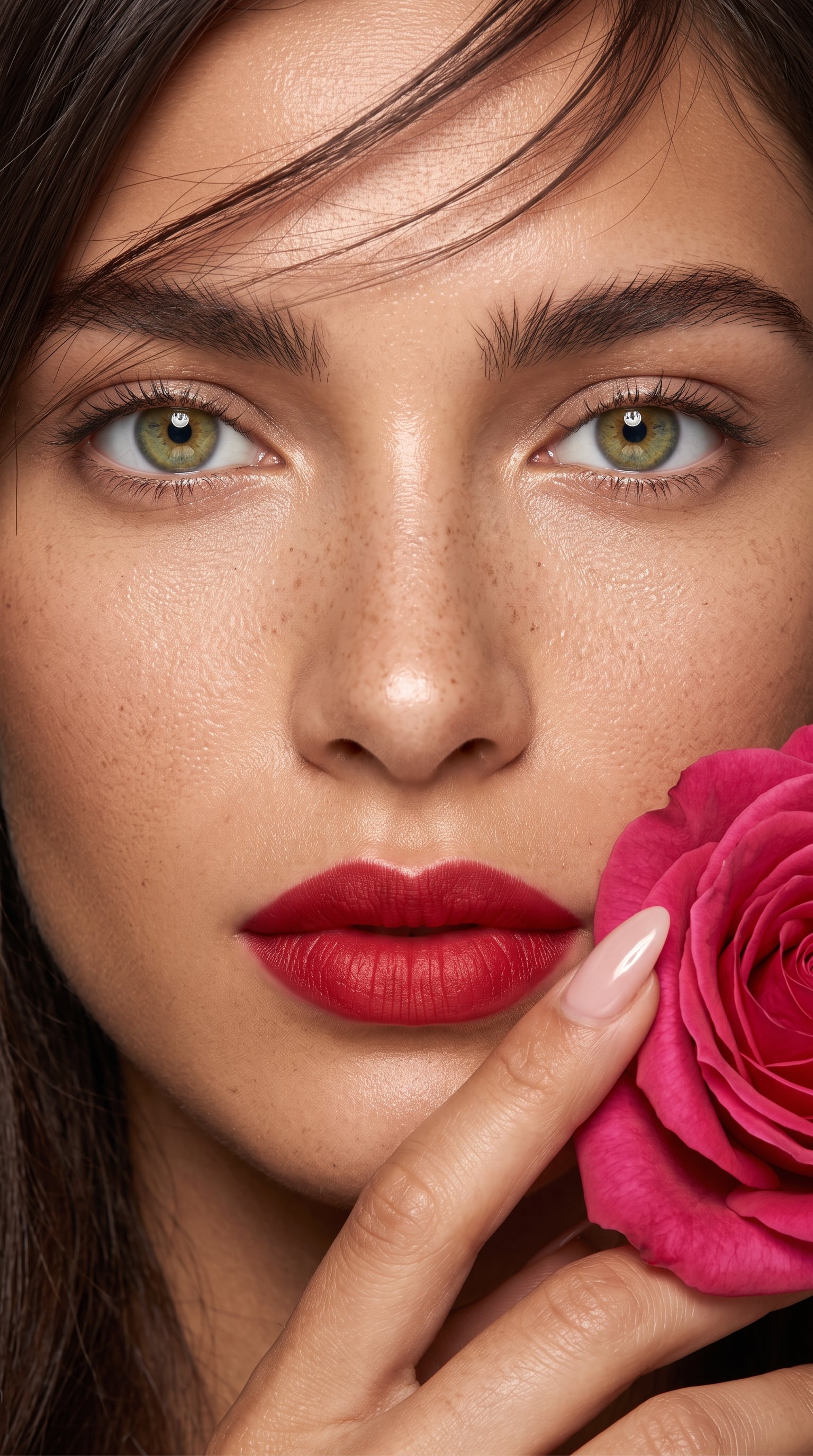 Luxury Beauty Close-Up with Crimson Lips and Pink Rose