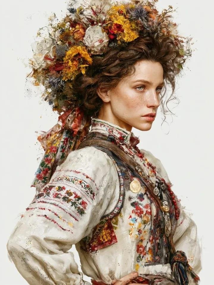 Melancholic Slavic Maiden in Folk Attire