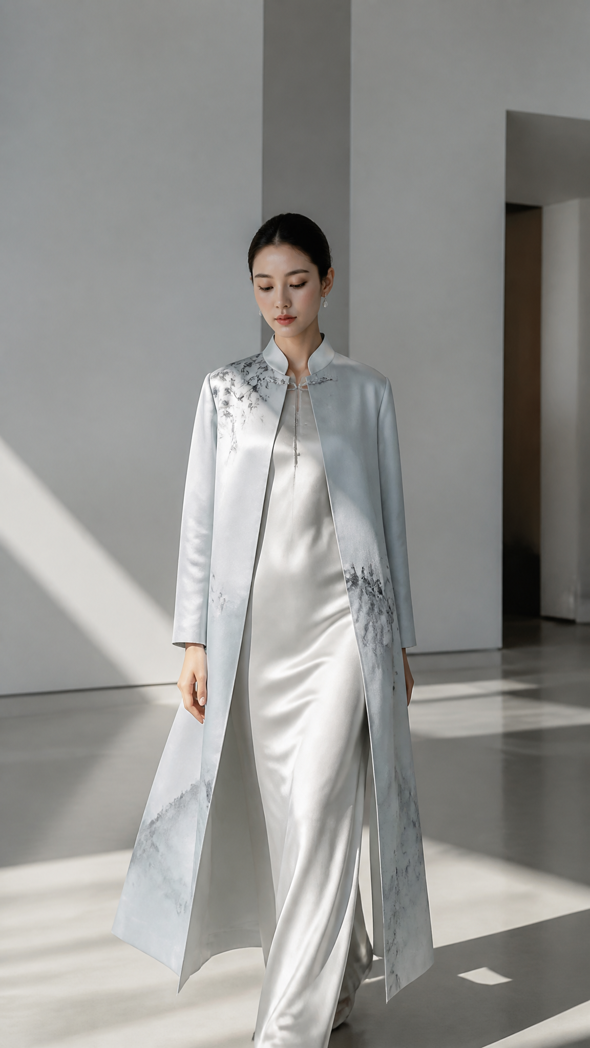 Modern Neo-Chinese Satin Couture in Minimalist Gallery