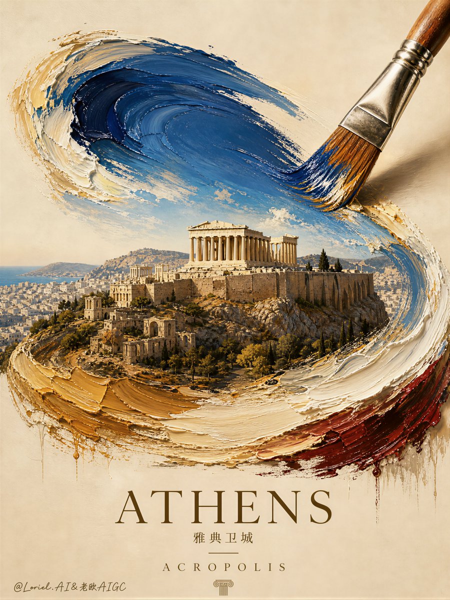 Athens Acropolis Heritage Oil Brush Stroke Poster
