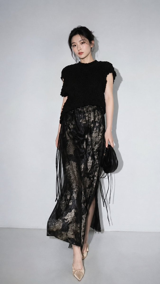 East Asian Model in Monochrome Black Editorial