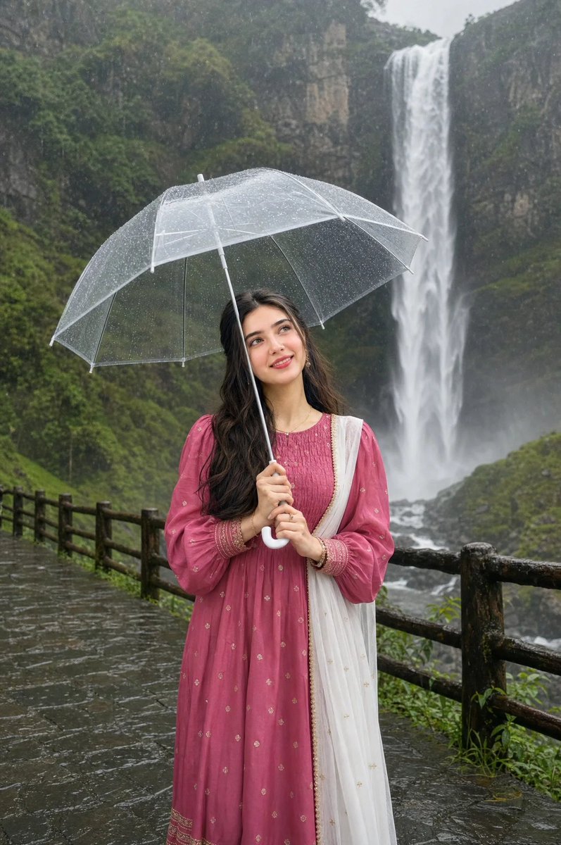 Joyful Woman with Pink Lehenga at Misty Waterfall